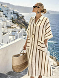 Women'S Casual Color-Block Cotton And Linen Dress