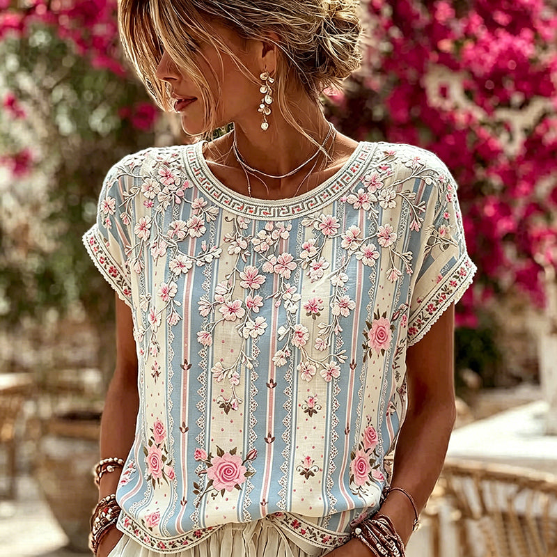 Women's Vintage Floral Vine Art Embroidery Patchwork Cotton Linen Top