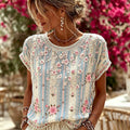 Women's Vintage Floral Vine Art Embroidery Patchwork Cotton Linen Top