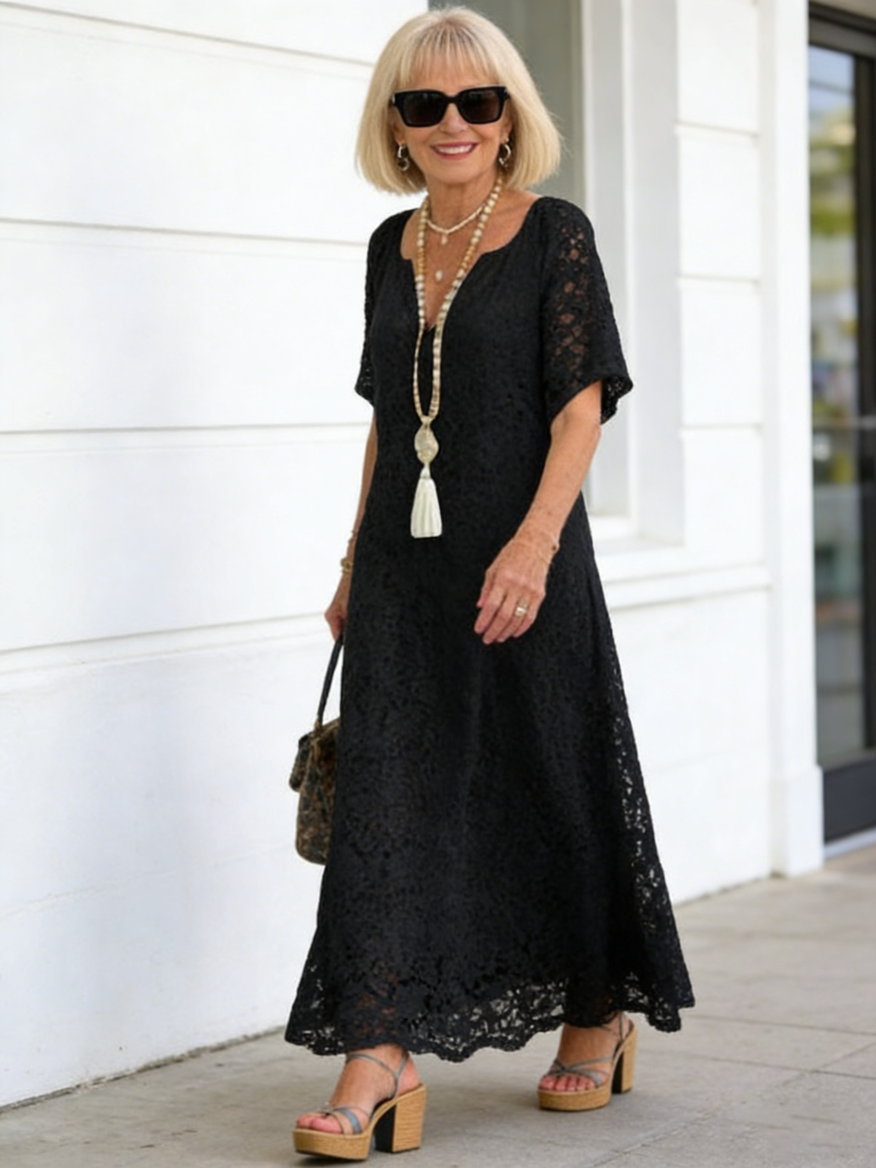 Fashion Summer Dress Women's Elegant V-Neck Short Sleeve Casual Long Dress Lace Crochet Vacation