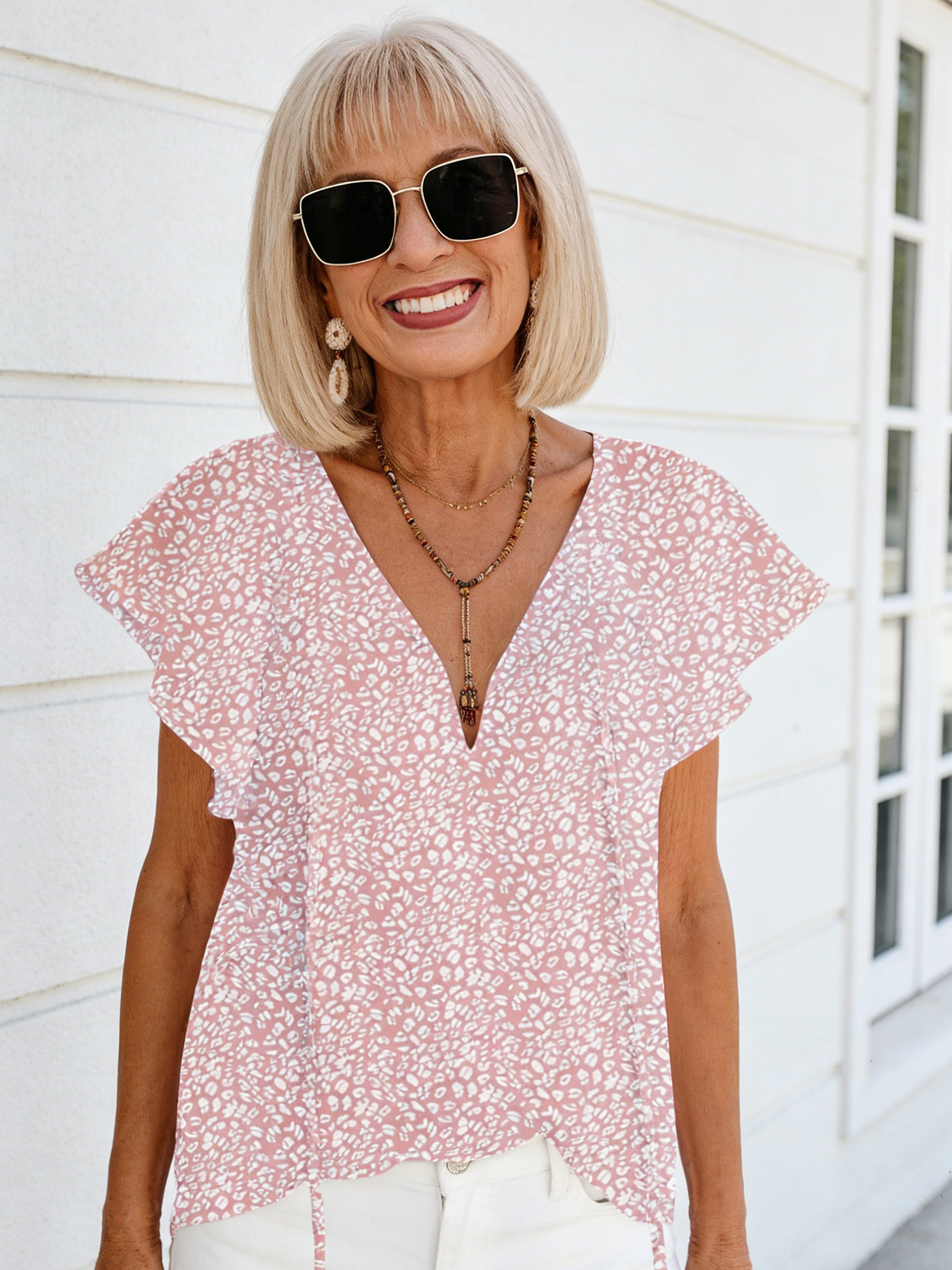 Vibrant Floral Short Sleeve Ruffle Tops - Loose Fit, V Neck, Casual, Boho Chic, Summer & Fall Essential - Womens Blouses for Everyday Wear