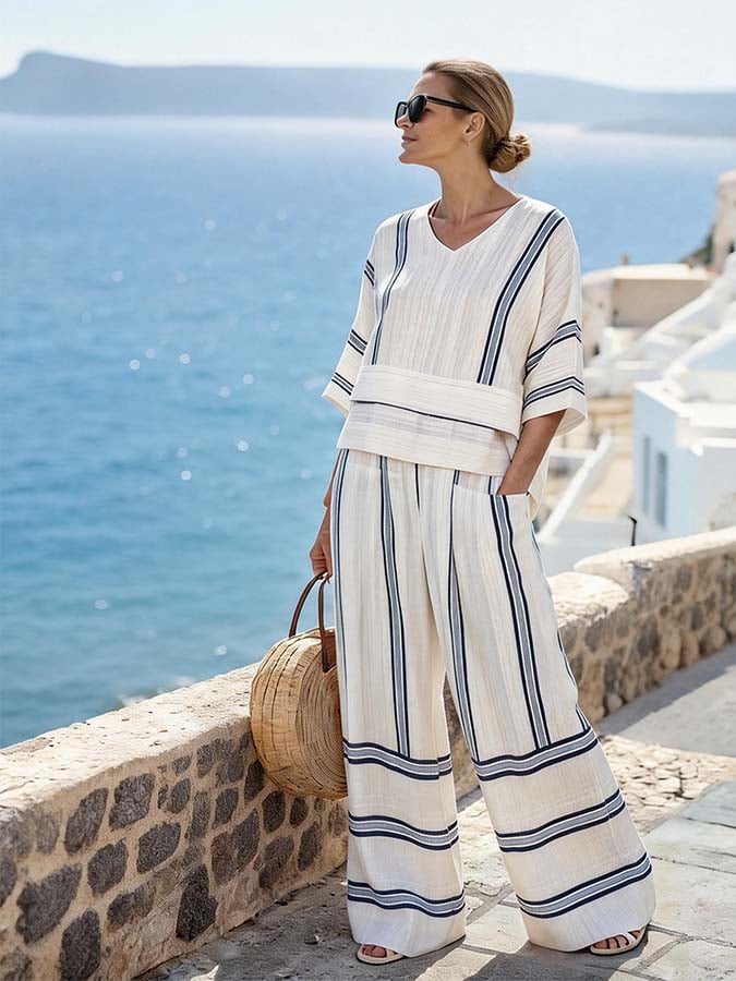 Women'S Casual V-Neck Printed Wide-Leg Pants Set
