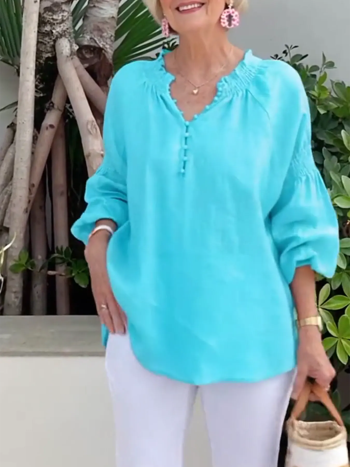 Casual V-neck Solid Color Cotton and Linen Long-sleeved Top