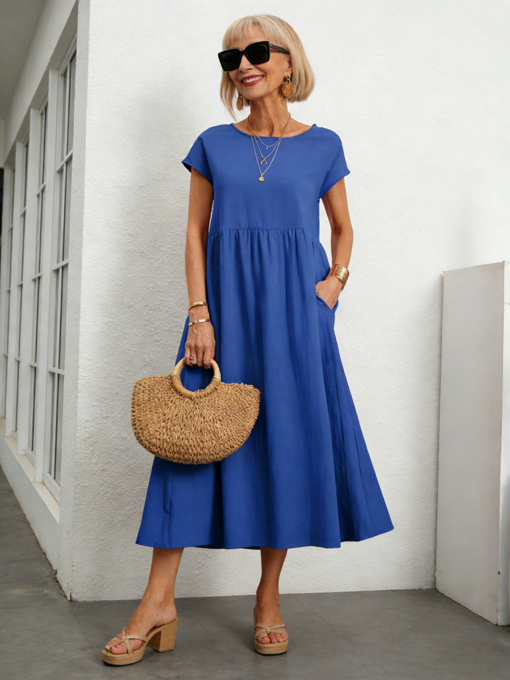 Solid Color Linen Round Neck Fitted Dress