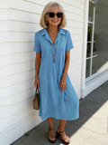 Loose Short-sleeved V-neck Solid Color Cotton and Linen Shirt Dress