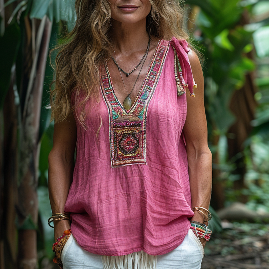Retro Loose, Comfortable And Breathable Ethnic Style Linen V-neck Suspender Sleeveless Top