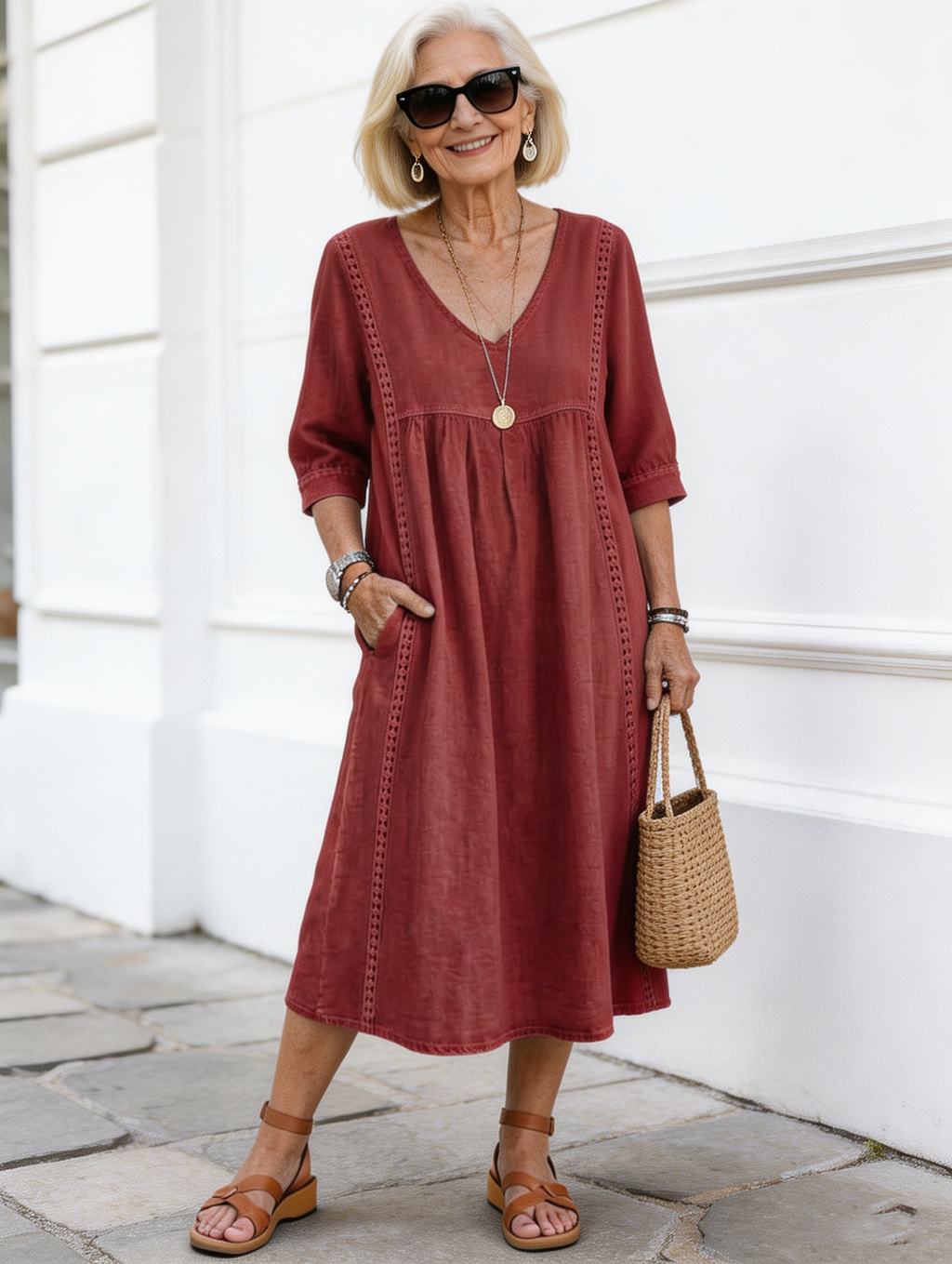 Casual Loose V-neck Splicing Lace Edge Linen Cotton Dress