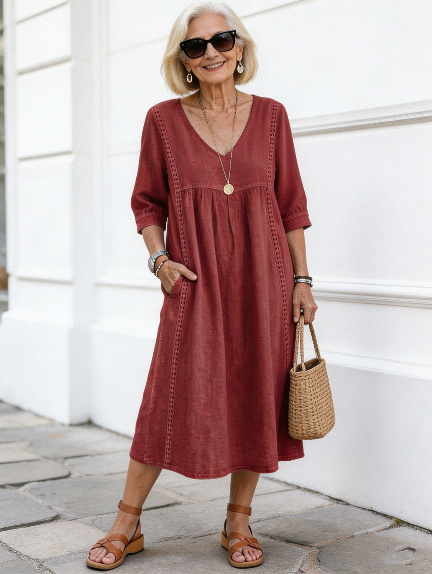 Casual Loose V-neck Splicing Lace Edge Linen Cotton Dress