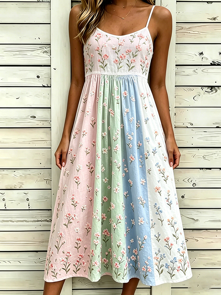Women's Retro Rose Art Embroidery Color Block Splicing Comfortable Cotton Linen Spaghetti Strap Dress