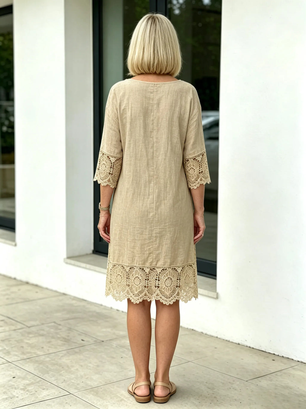 V-neck A-shaped Skirt Solid Color Lace Dress  Five-quarter Sleeve