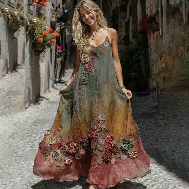 The Sunset Collection Vintage Rose And Floral Gradient Art Linen Sleeveless V Neck Maxi Dress