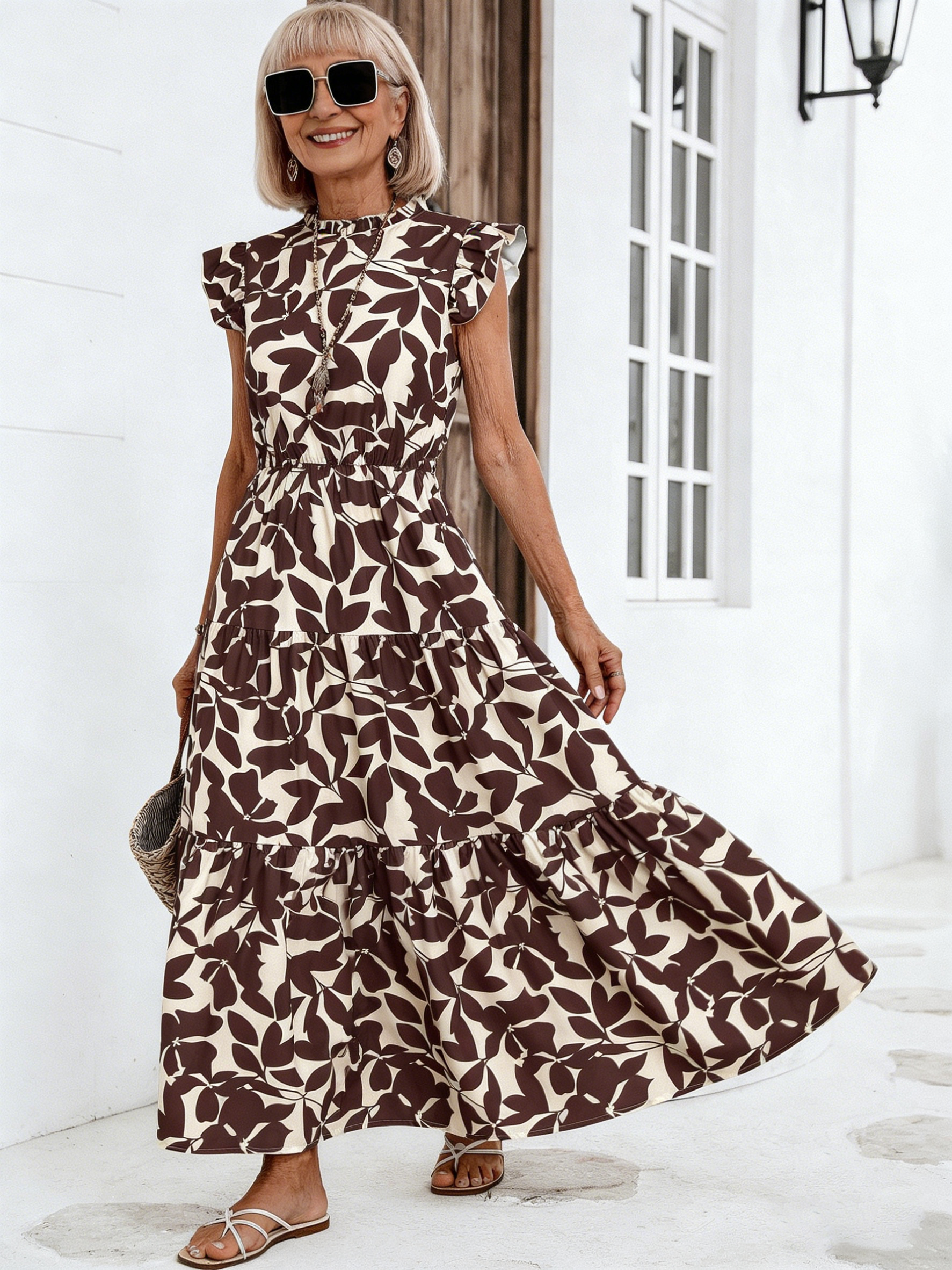 Vacation Fashion Fungus Edge Flying Sleeves Lace-Up Printed  Dress