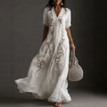 Japanese Plum Blossom Art Embroidered Casual Linen Maxi Dress
