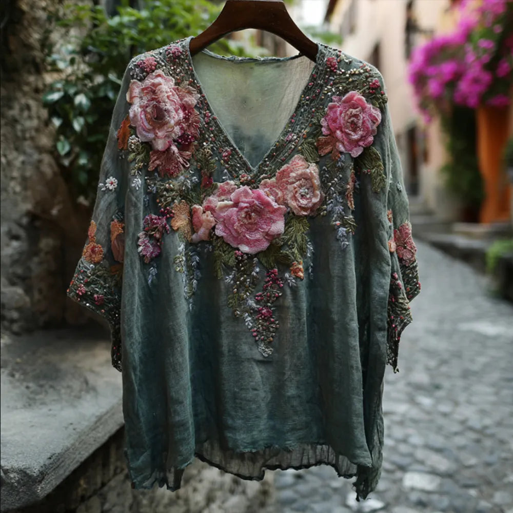 Bohemian Style Three-dimensional Floral Vintage Cotton And Linen Movie Green V-neck Short-sleeved Shirt