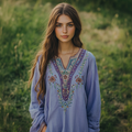 Boho Purple Floral Embroidery Linen Blend Loose Blouse