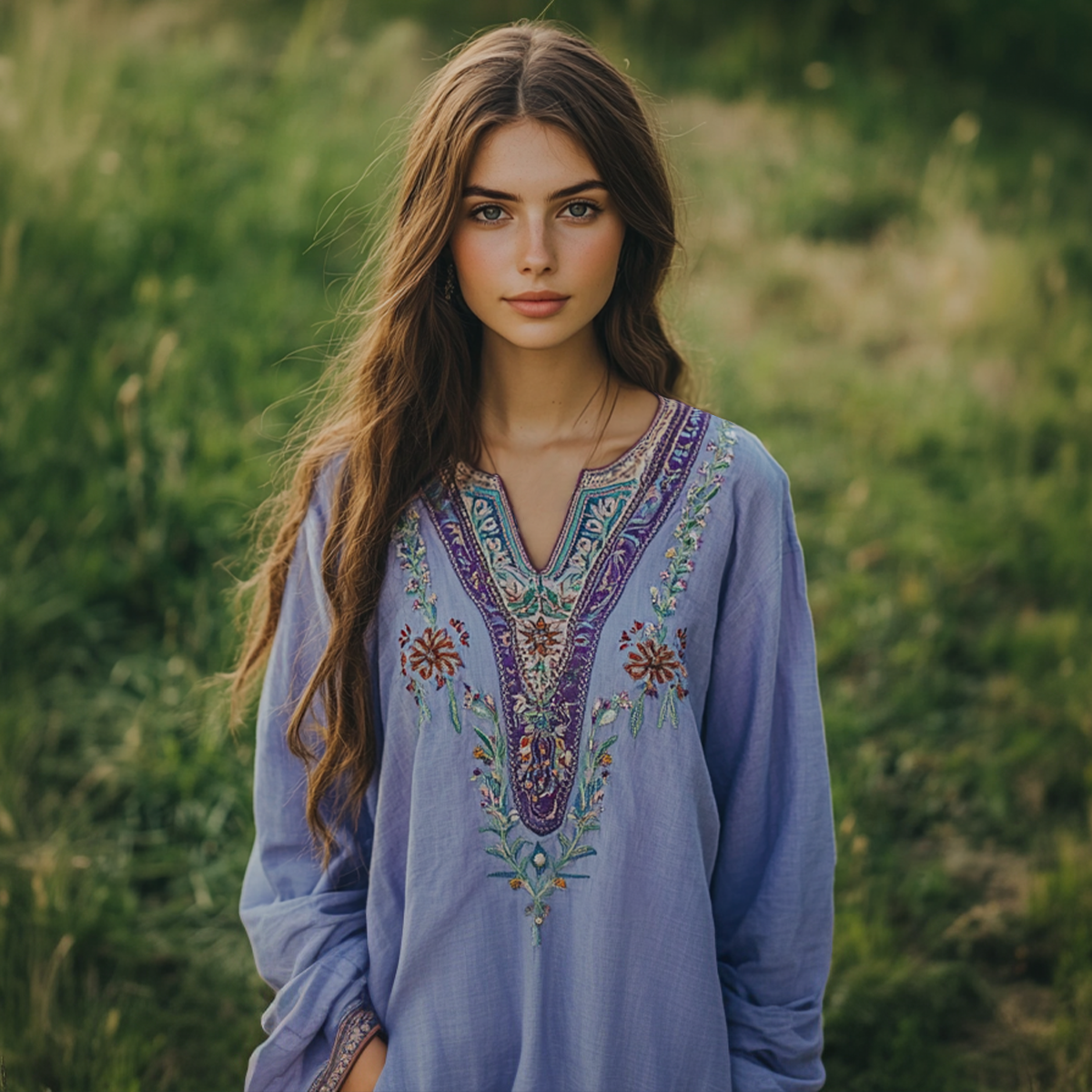 Boho Purple Floral Embroidery Linen Blend Loose Blouse