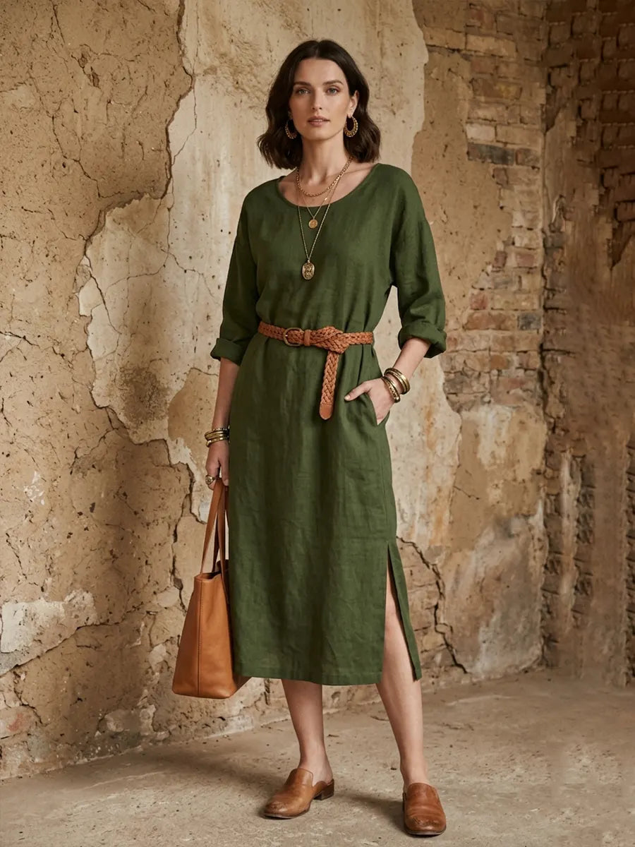 Women’s Casual Olive Green Linen-Cotton Round Neck Side Slit Straight Midi Dress MDZ2027D7GMJ