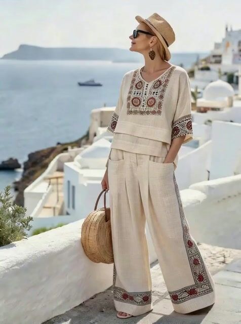 Women'S Casual V-Neck Printed Wide-Leg Pants Set