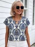Fashion Versatile Printed V-Neck Bat Sleeve Loose Top