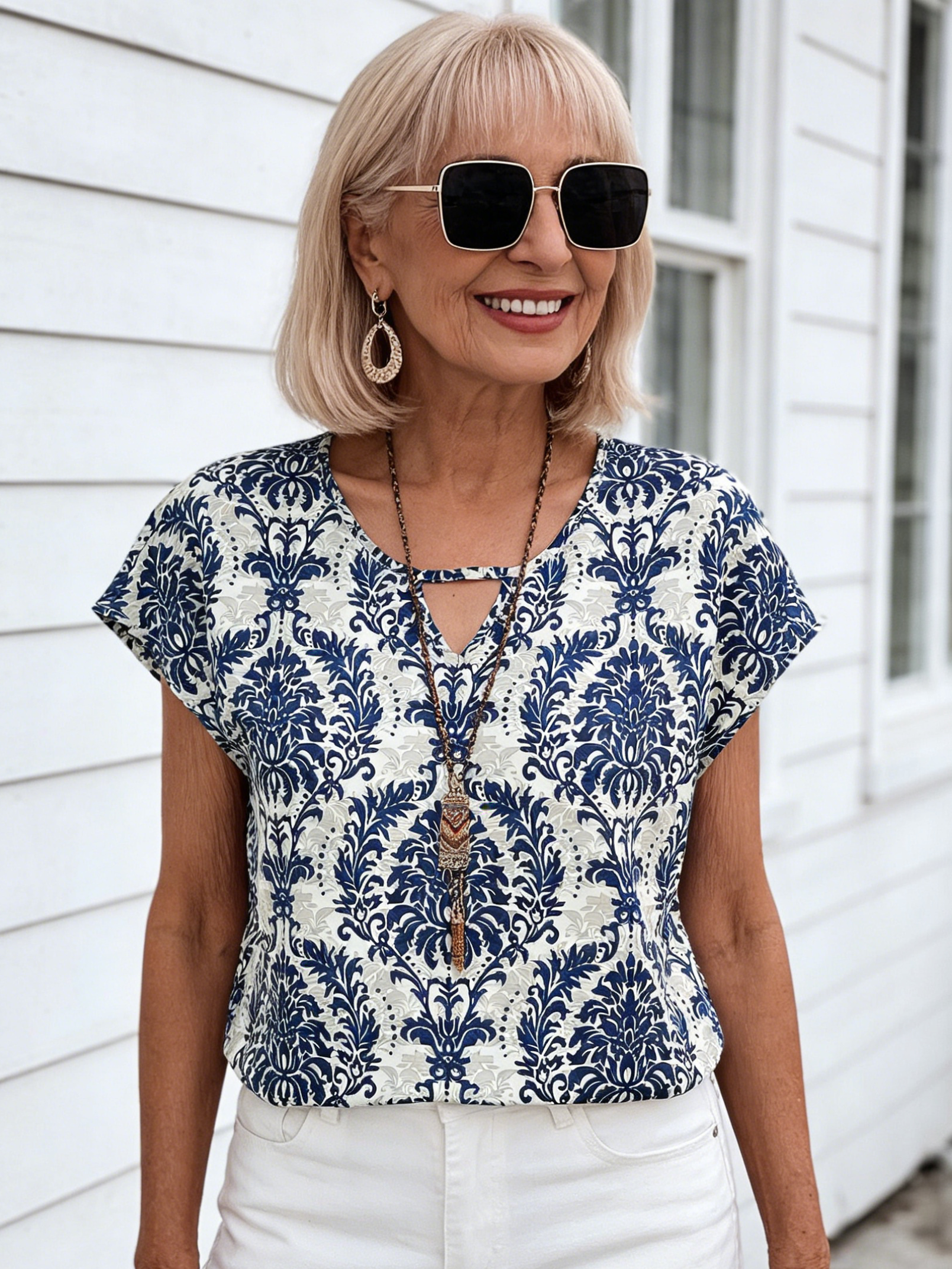 Fashion Versatile Printed V-Neck Bat Sleeve Loose Top
