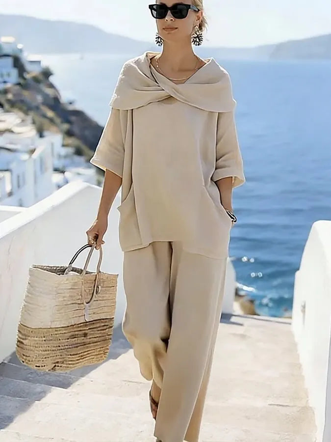 Women'S Casual Solid Color Cotton And Linen Two-Piece Set