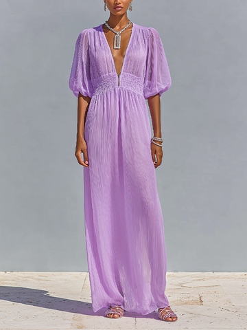 Women's Lavender Crinkled Chiffon Maxi Dress With Deep V-Neck & Smocked Waist, Timeless Romantic-Resort Style Dress MDZ2029D0LYL
