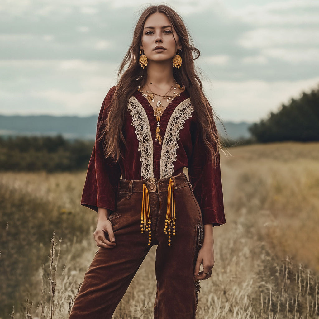 Casual Loose Burgundy Velvet Lace V-Neck Long Sleeve Blouse