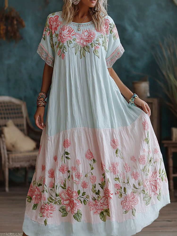 Women's Floral Art Embroidery Color Block Casual Cotton Linen Long Dress