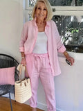 PINK LINEN SUITS Minimalist Two-piece Shirt Pants Set