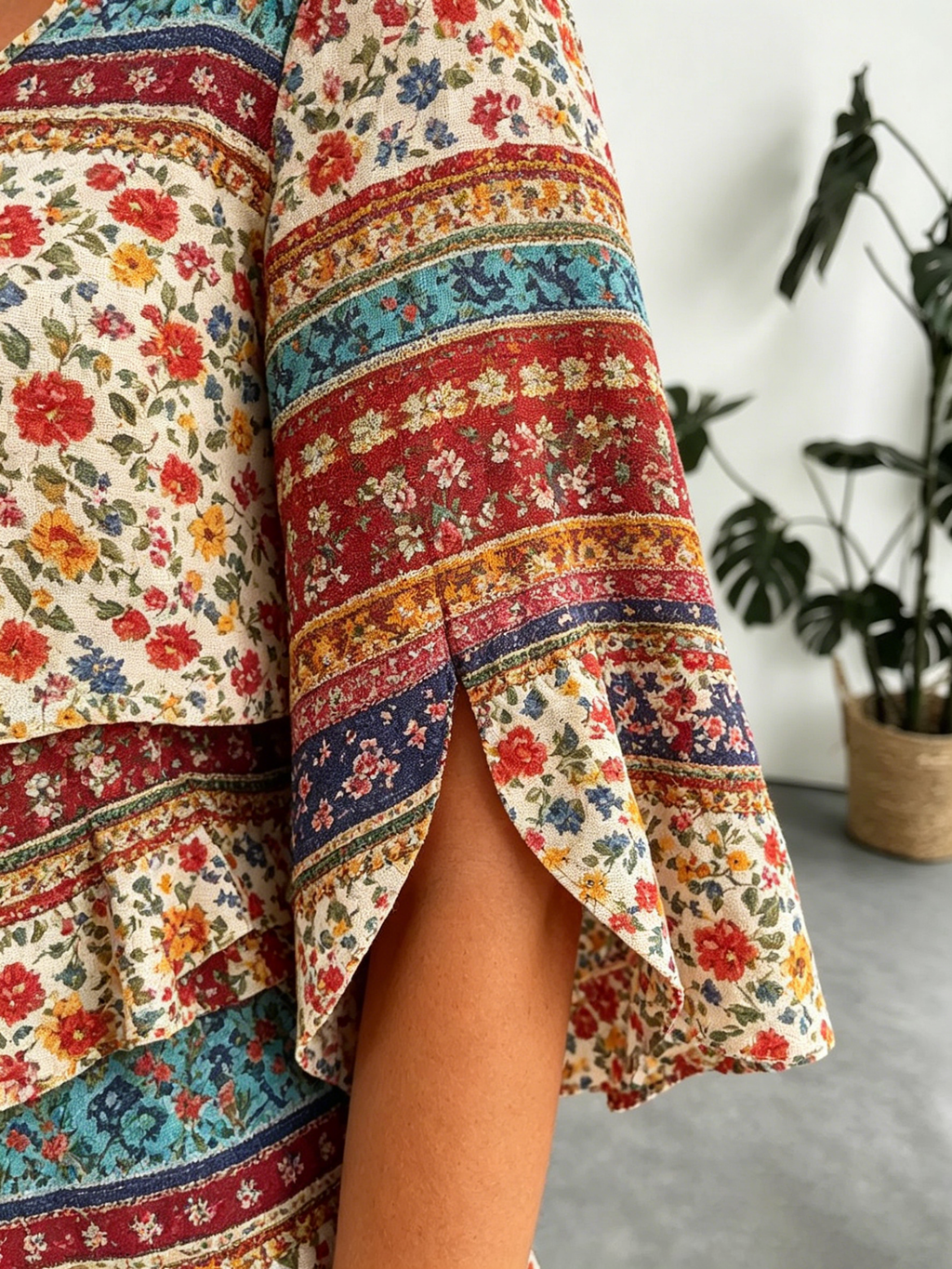 Chiffon Paisley Vacation Prints Color Round Neck Cake Skirt Splicing Dress Mid-length