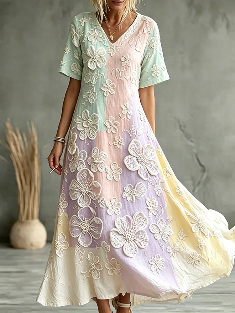Colorful Color Design Flower Pattern Casual Linen Dress