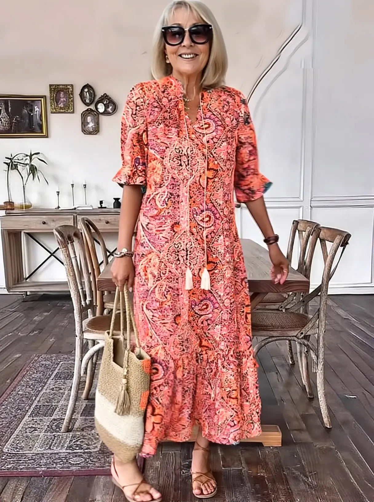 Vacation DRESS Paisley Bohemian Long Length Vintage Print Tassel Tie Neck Tunic Dress - Elegant Vacation Style with Drawstring, Ruffle Hem, and Random Printing