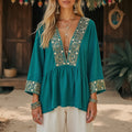 Women's Vintage Embroidered Woven Long Sleeve Shirt