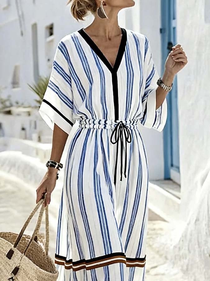 Women'S Casual Color-Block Striped Dress