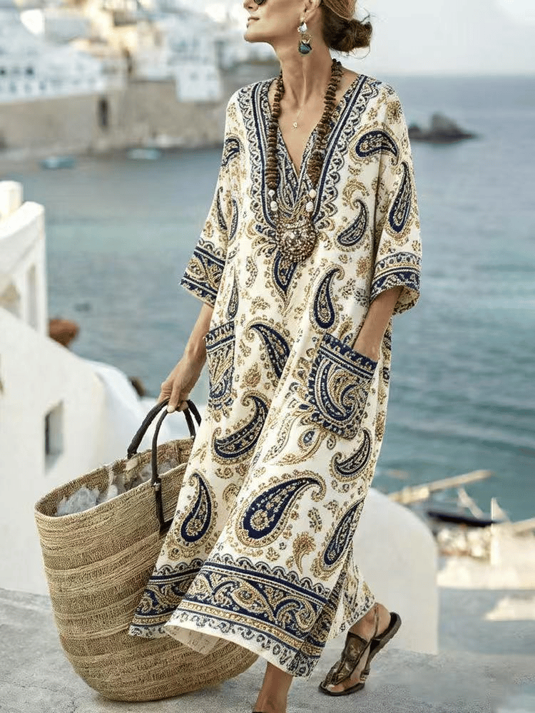Women'S Casual Color-Block Cotton And Linen Dress