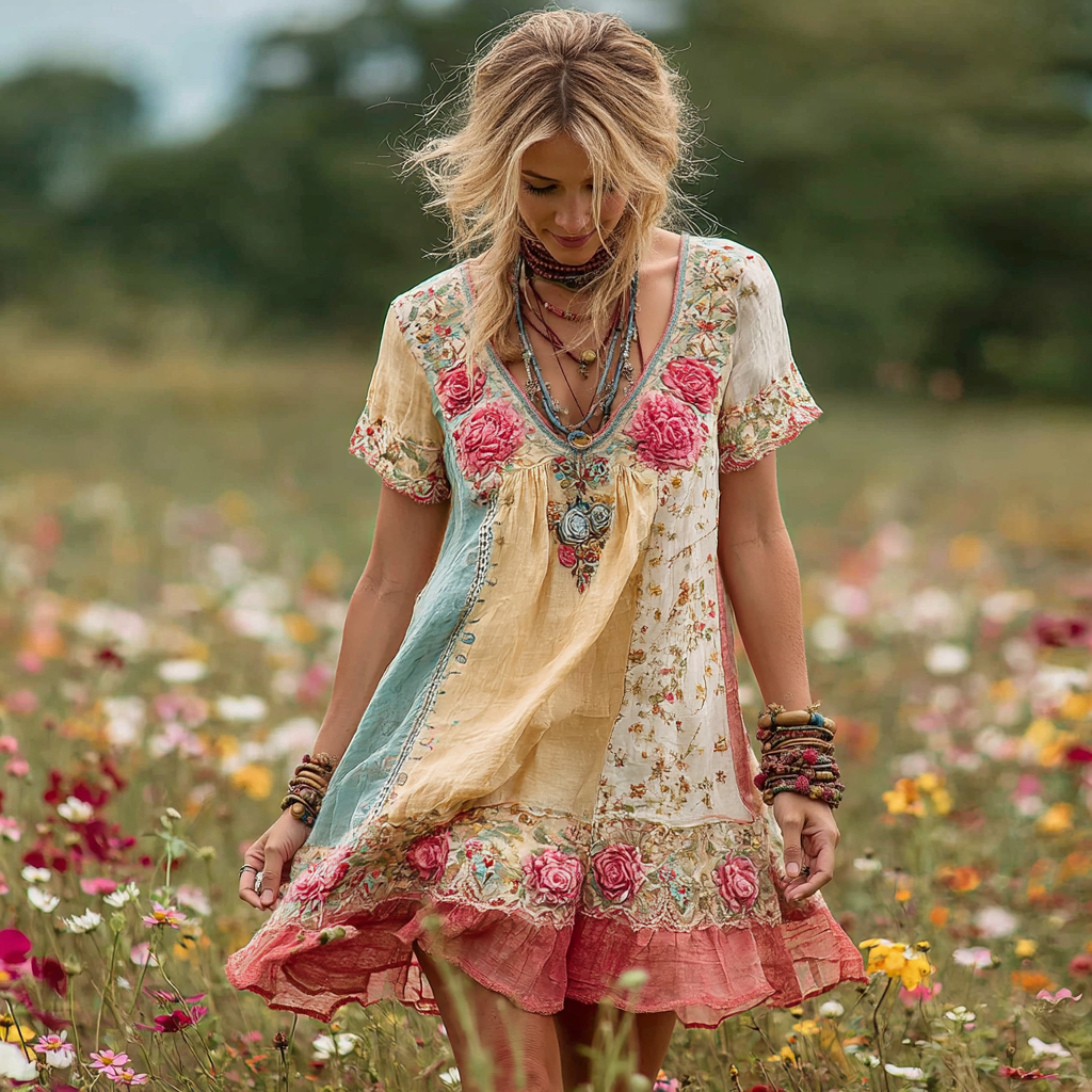 Women's Vintage Roses Embroidered Art Linen Short Dress