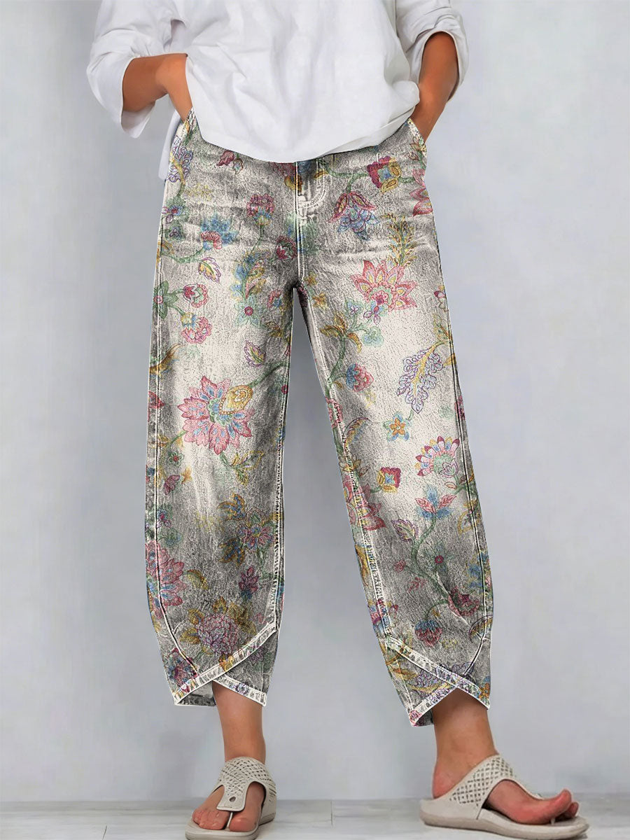 Women's Vintage Minimalist Contrasting Colors Pattern Art Prints Casual Denim Cotton Pants