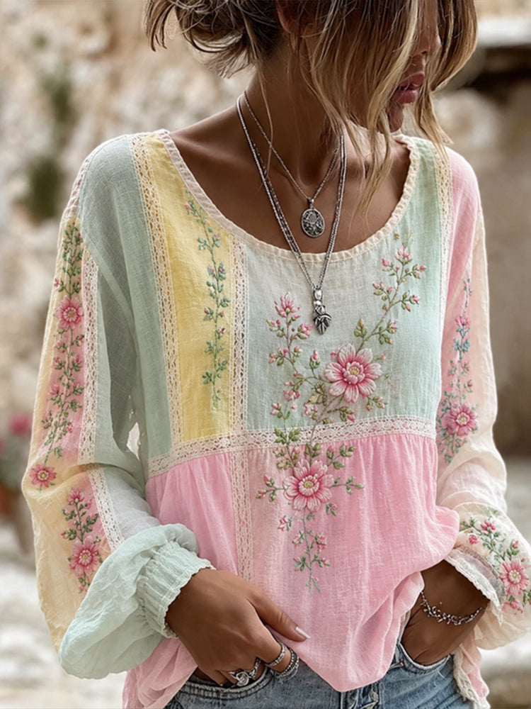 Women's Retro Floral Patchwork Art Embroidery Comfortable Cotton Linen Short Sleeve Top