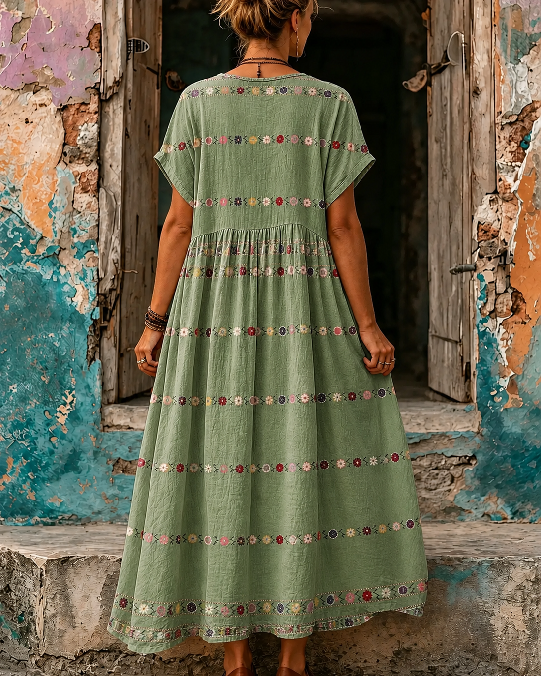 Women's Vacation Linen Boho Floral Print V-Neck Short Sleeve Maxi Dress
