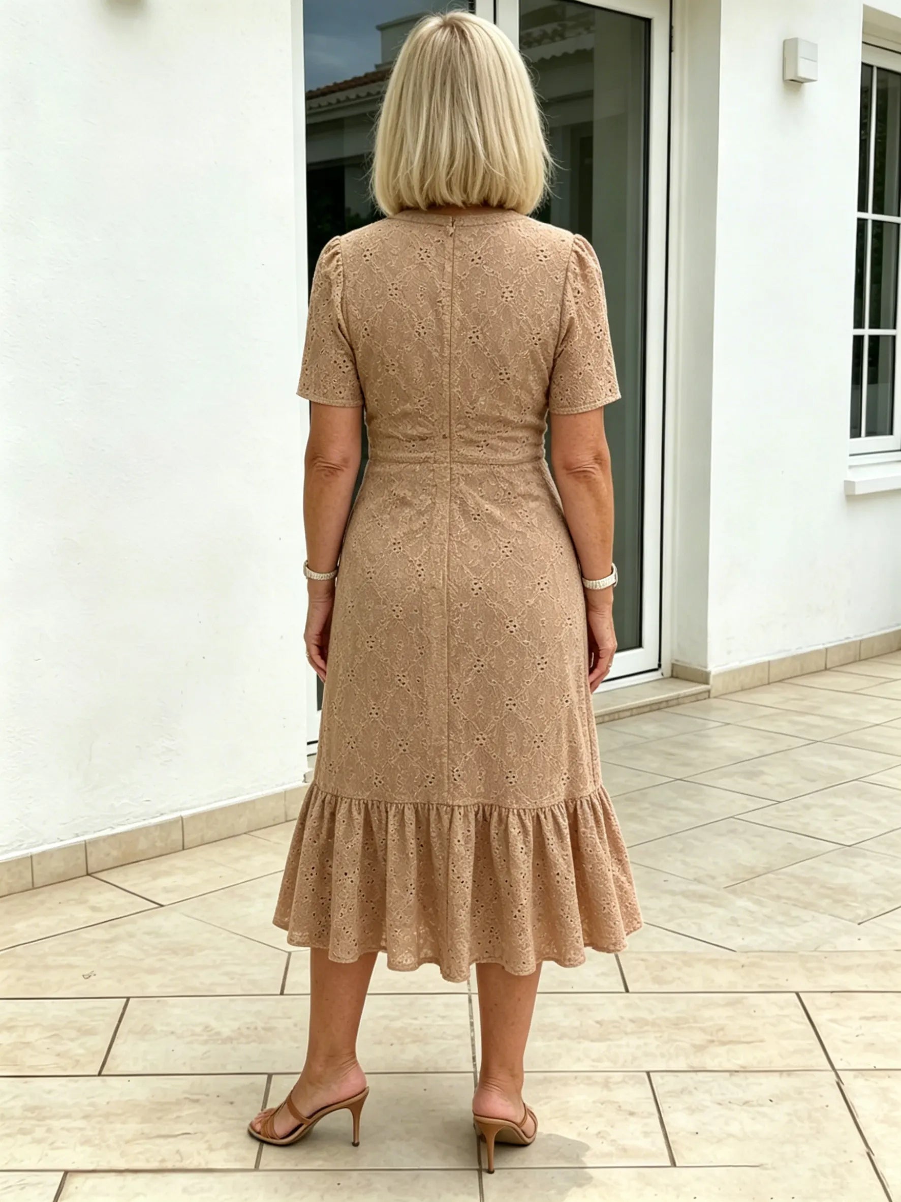 Textured Fabric Hollow Fabric Fashion Dress Short Sleeve Solid Color