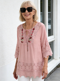 Cotton and Linen Splicing Lace Temperament V-neck Loose Top