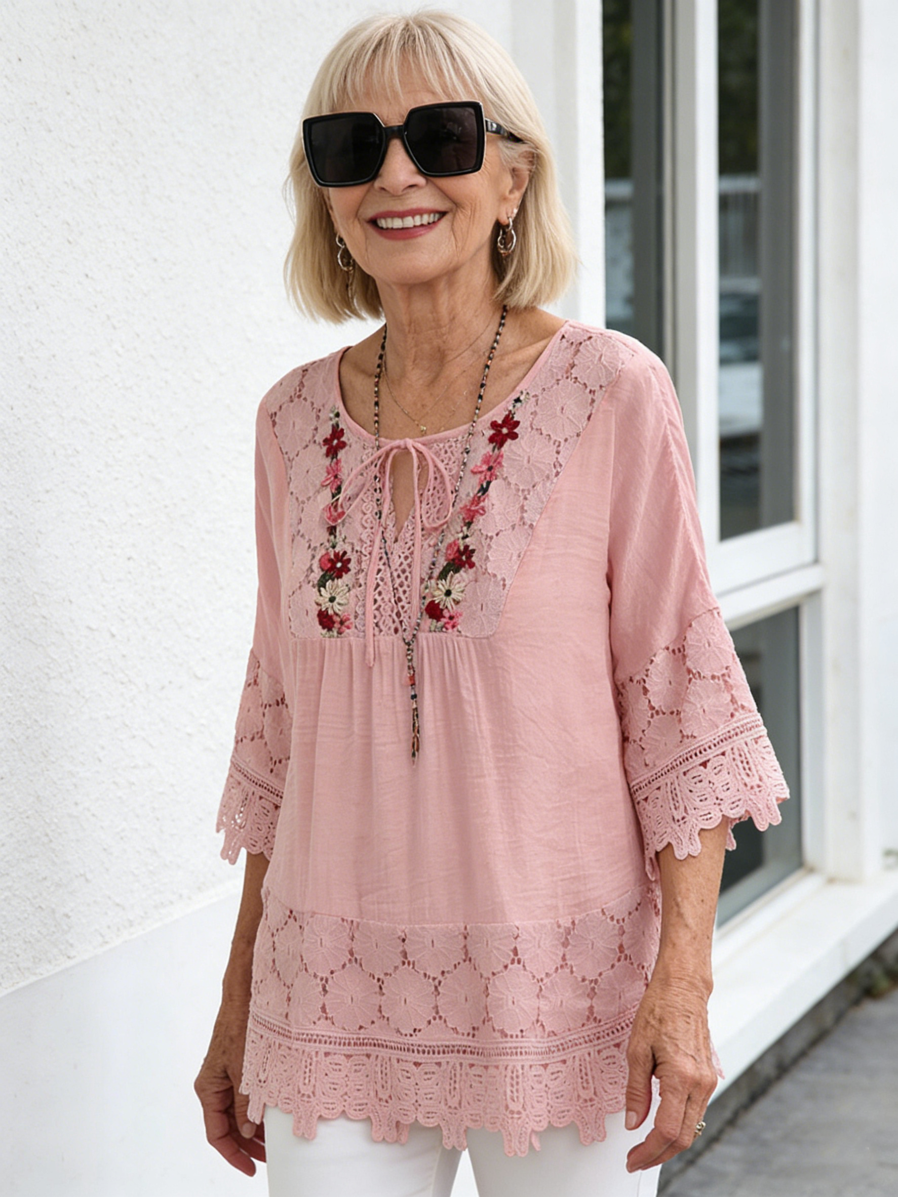 Cotton and Linen Splicing Lace Temperament V-neck Loose Top