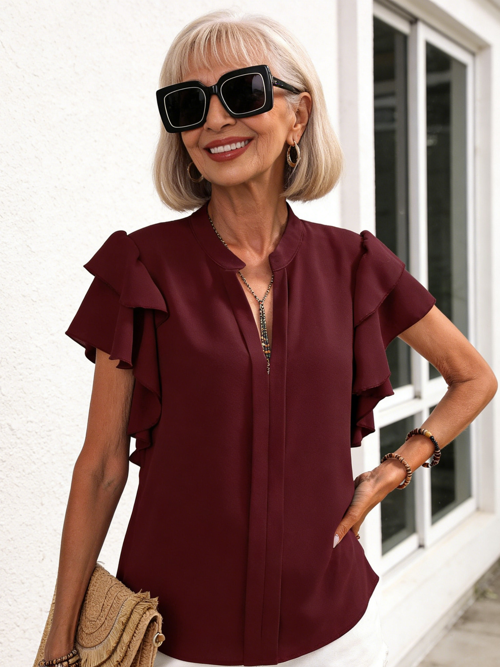 V-neck Casual Double-layer Lotus Leaf Sleeve Solid Color Shirt Top