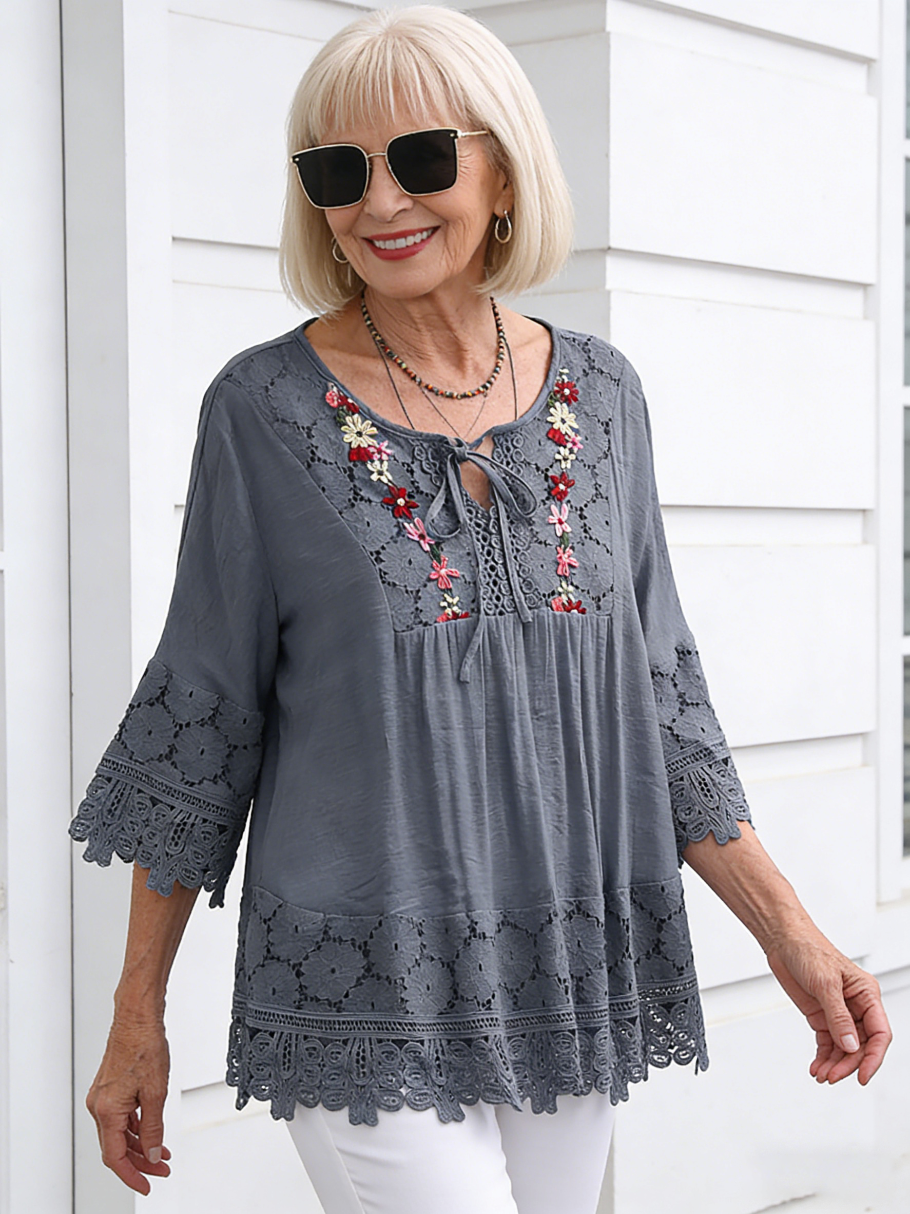 Cotton and Linen Splicing Lace Temperament V-neck Loose Top