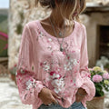 Women's Sakura Art Print Crew Neck Linen Blend T-shirt