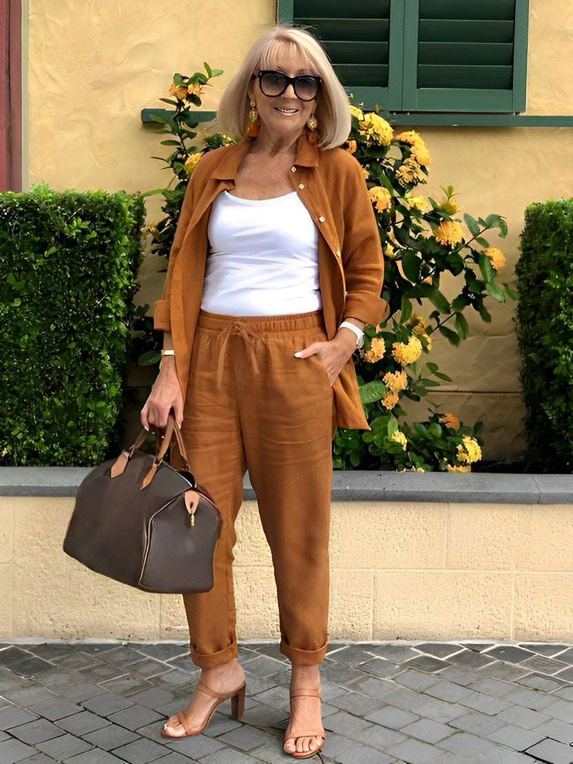 Long Sleeve Button Shirt &Minimalist Solid Two-piece Set