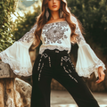 Women's Bohemian Elegance Embroidered Lace Top With Flared Sleeves