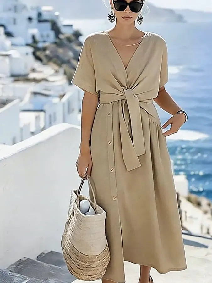 Women'S Casual Solid Color Button-Down Dress