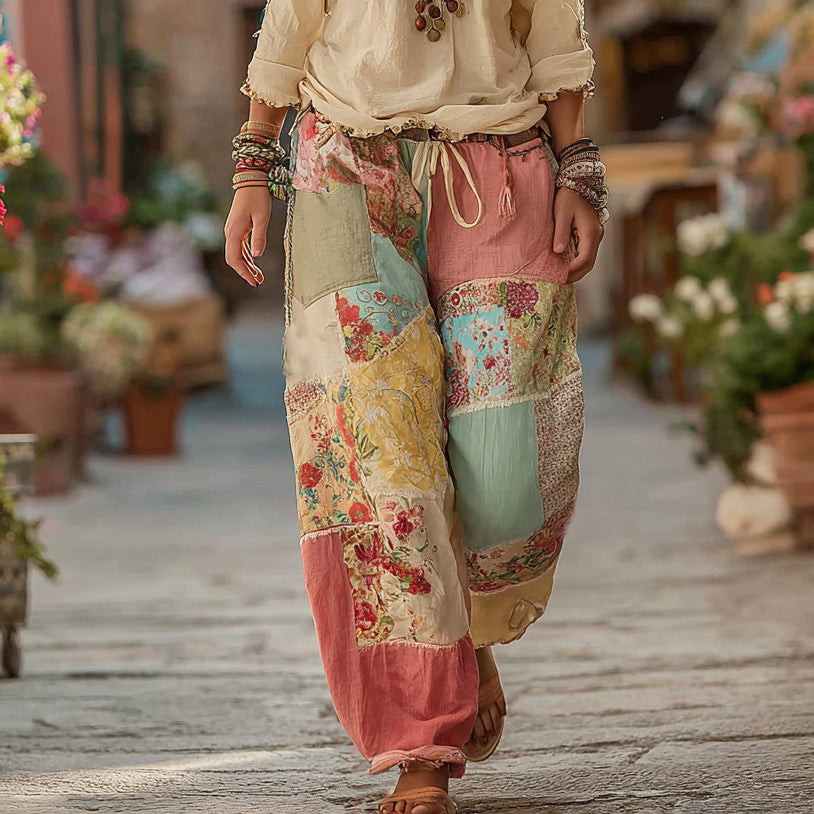 Classic Retro Rose And Floral Patchwork Art Linen Pants