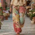 Classic Retro Rose And Floral Patchwork Art Linen Pants